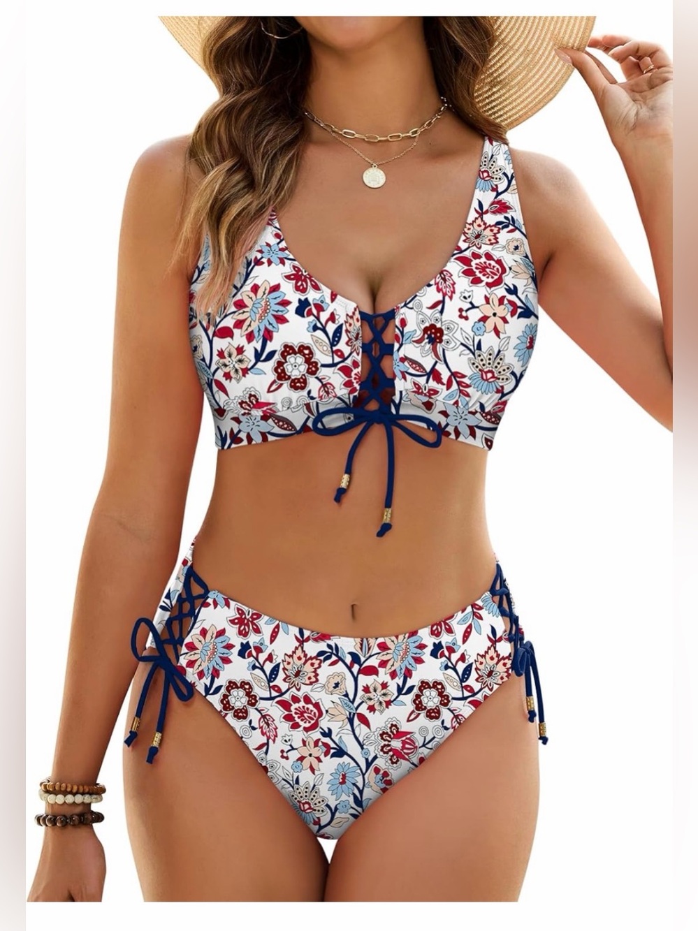 Dridreo Floral Lace-Up Tank Bikini Set - White with Red & Blue Size Medium NWT